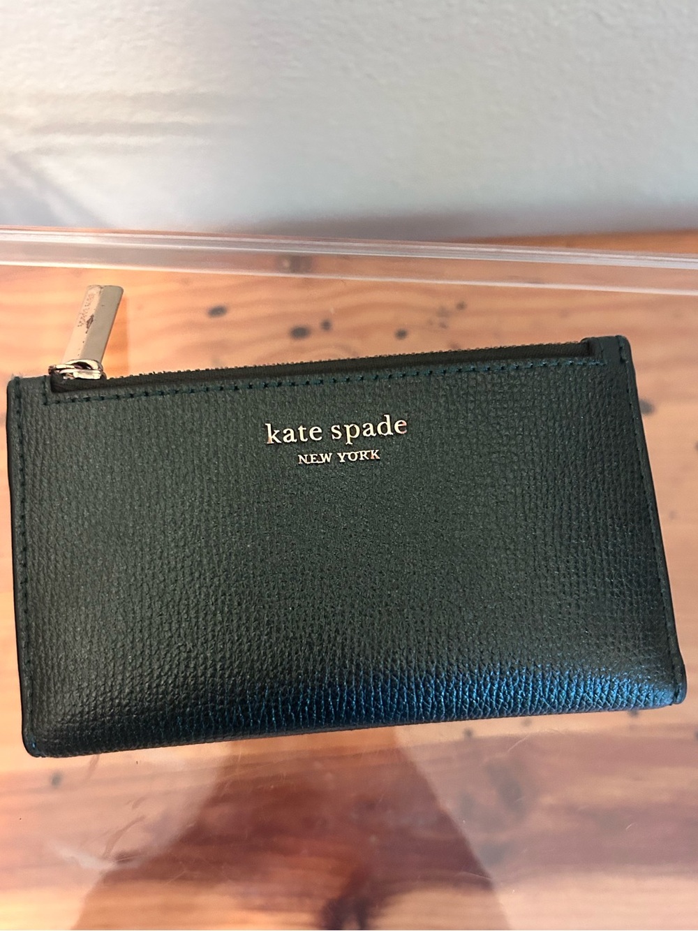 Kate Spade green metallic color Leather Card Wallet with Zipper Coin Pocket